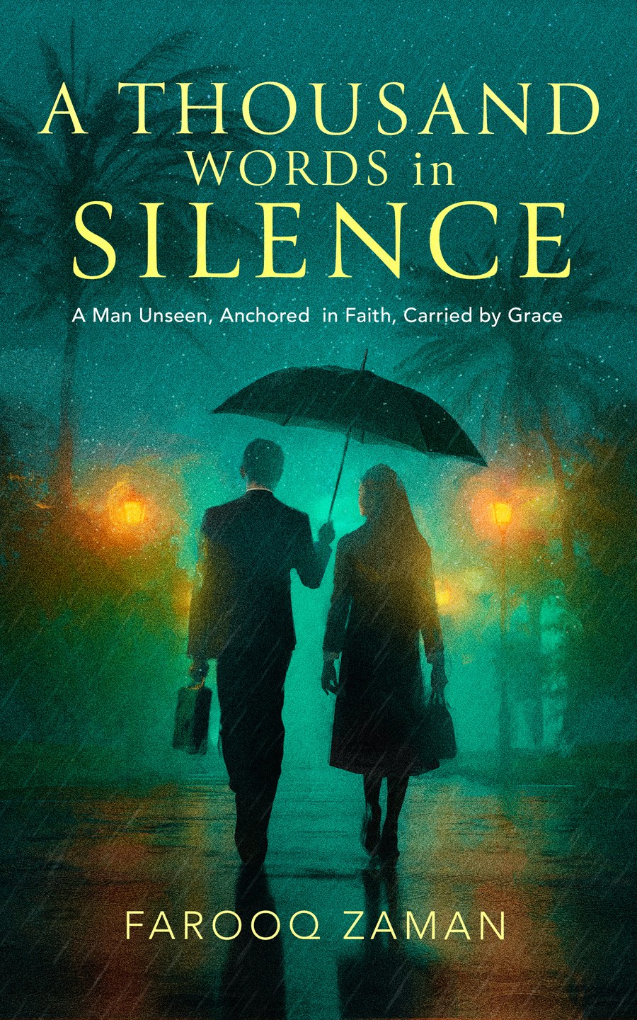 Cover of A Thousand Words in Silence by Farooq Zaman — a man and woman walking beneath an umbrella on a rain-lit night street